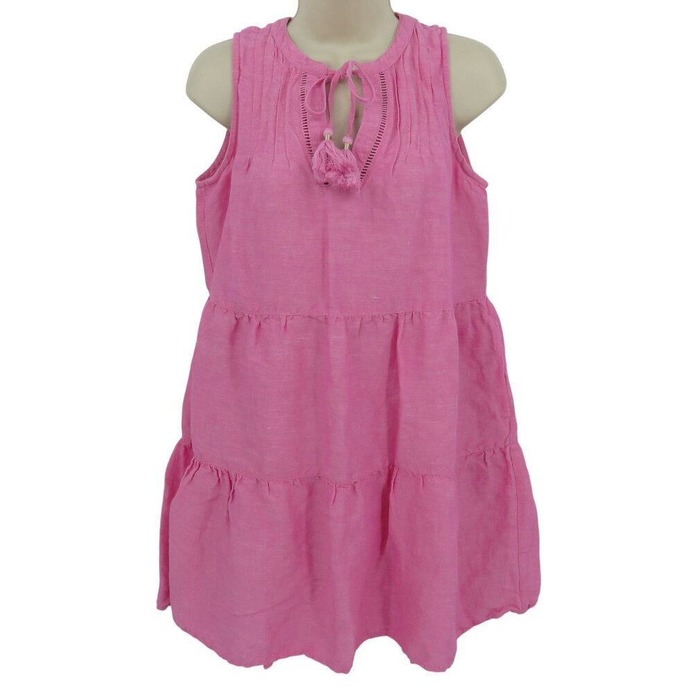 Tommy Bahama Women Small Pink Linen Blend Tiered Keyhole Sleeveless Shift Dress